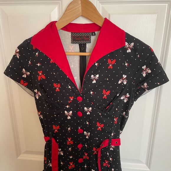 Voodoo Vixen Midi Shift Dress Printed Collar S Retro Pinup Rockabilly Goth - Picture 6 of 8